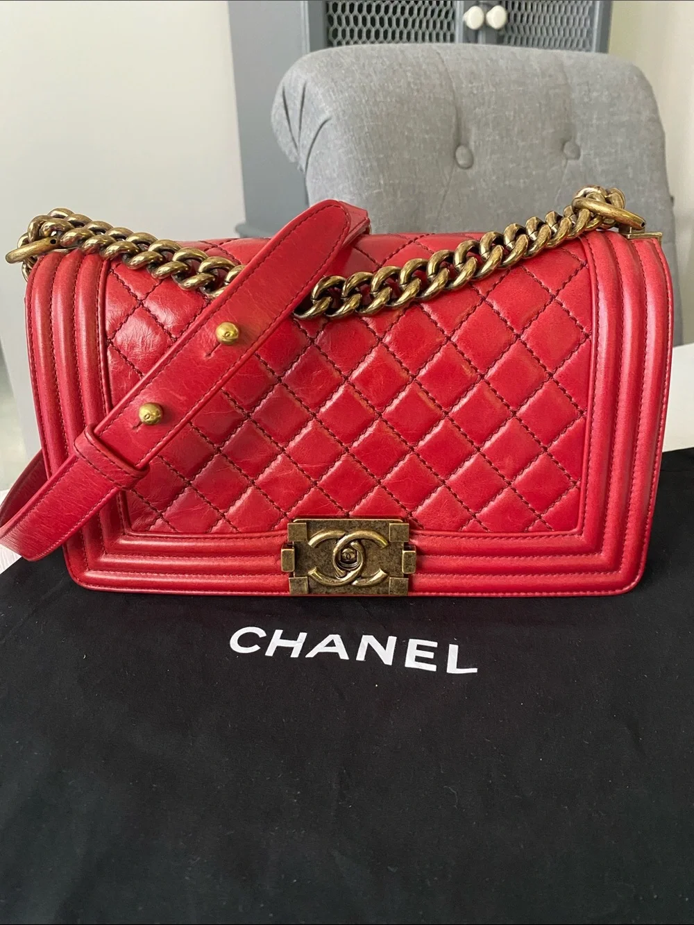 Chanel Boy Red Medium Bag Gold Hardware Comes Full Set: COA, Dust Bag, Box